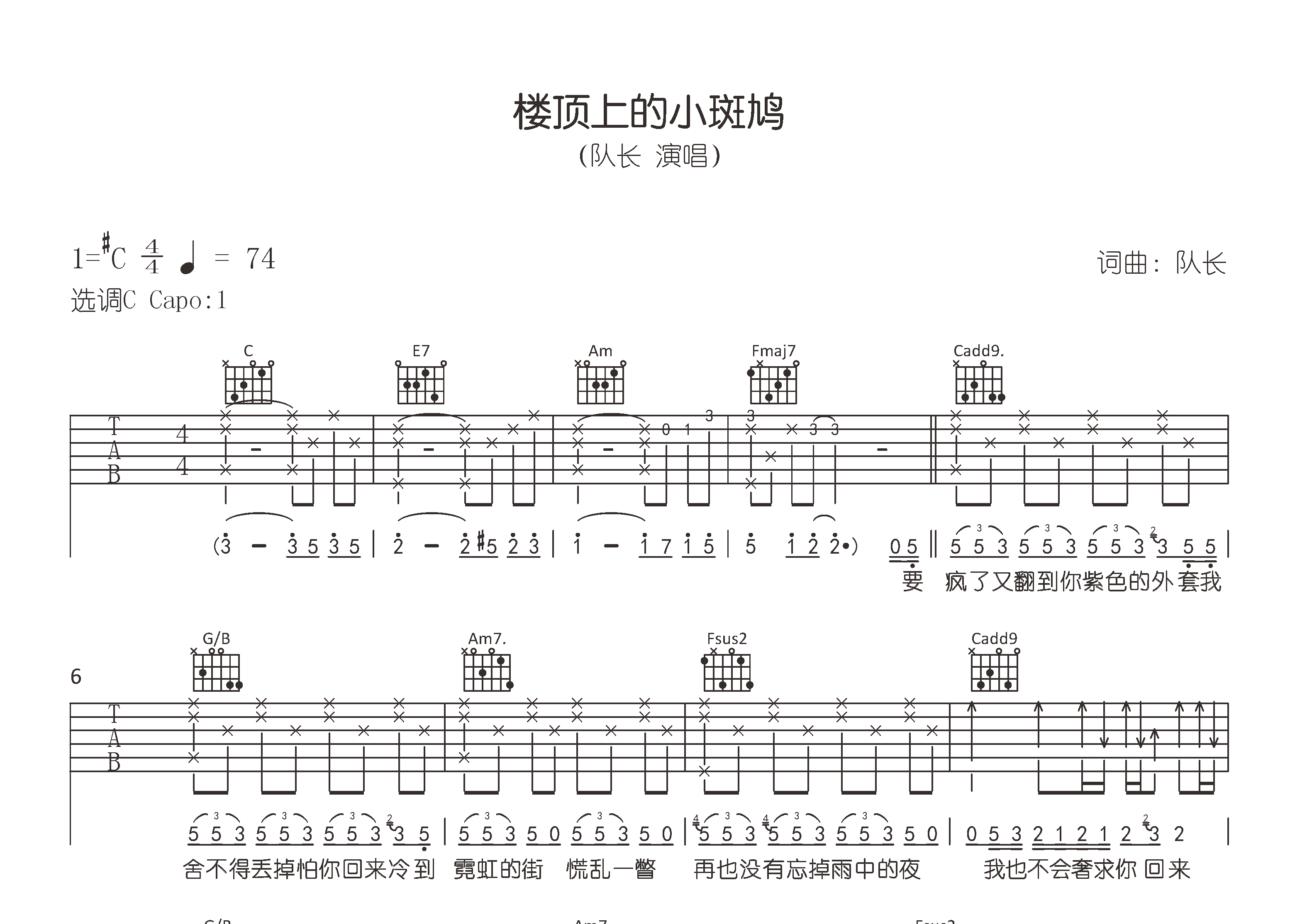 楼顶上的小斑鸠吉他谱预览图