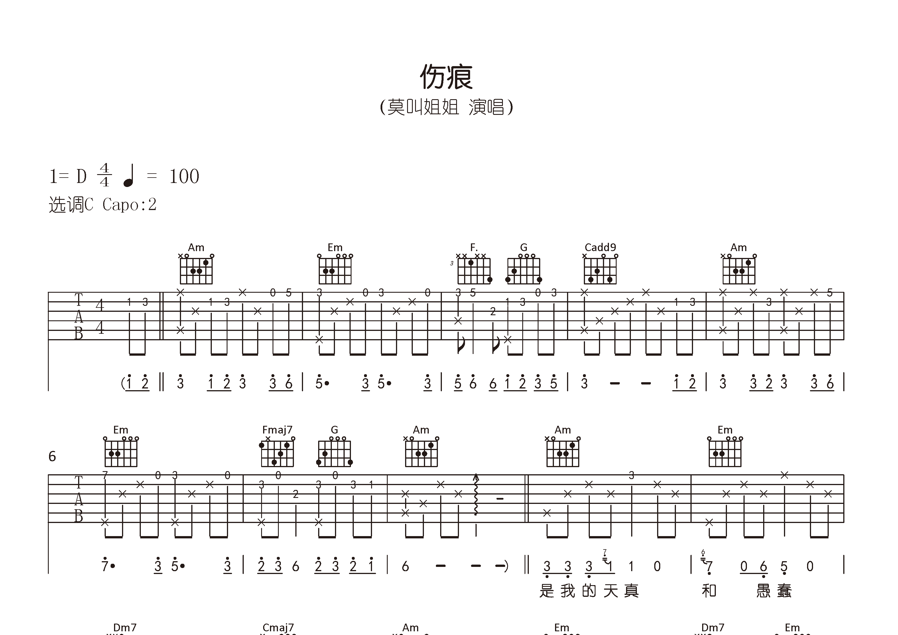伤痕吉他谱预览图