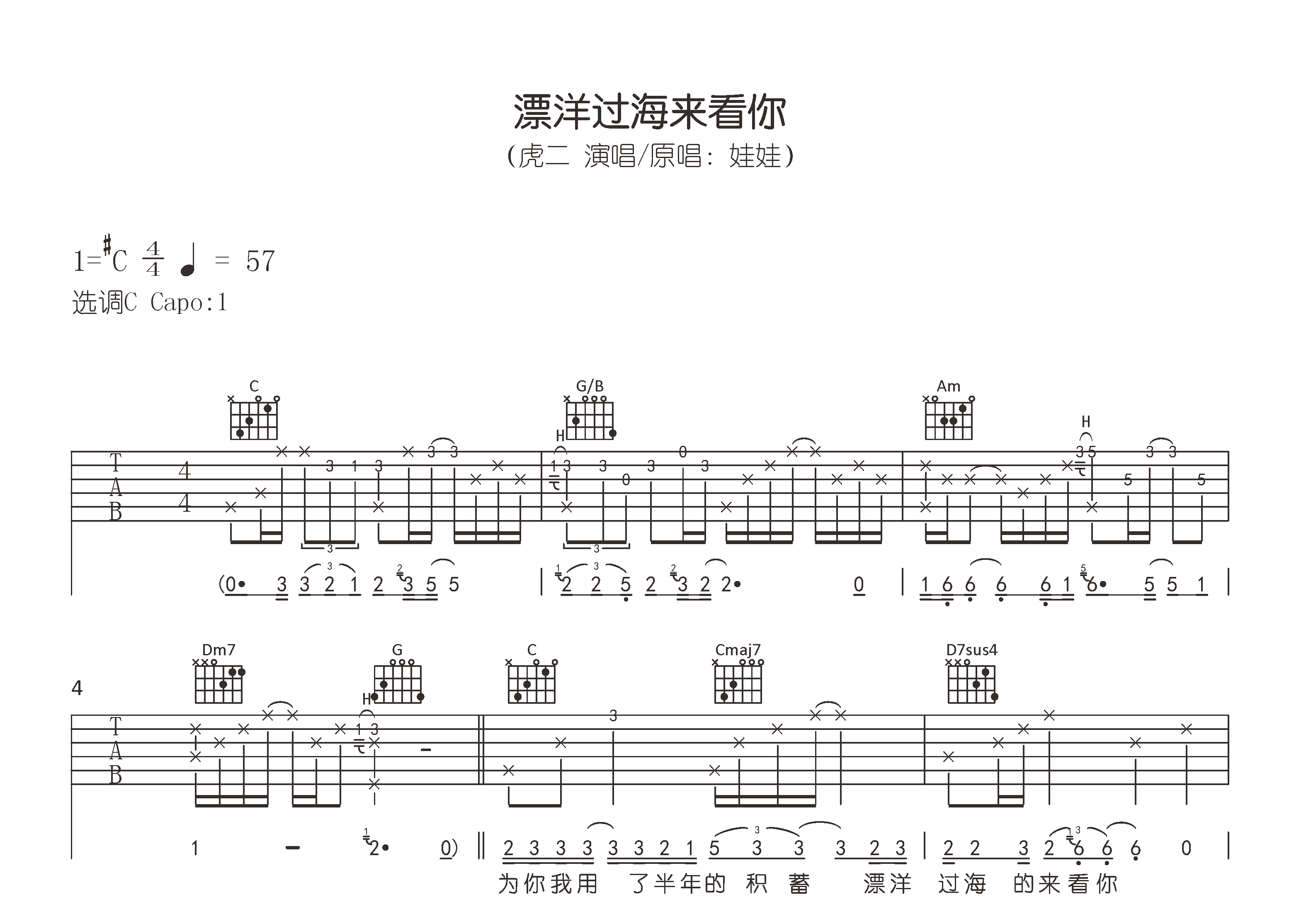 漂洋过海来看你吉他谱预览图