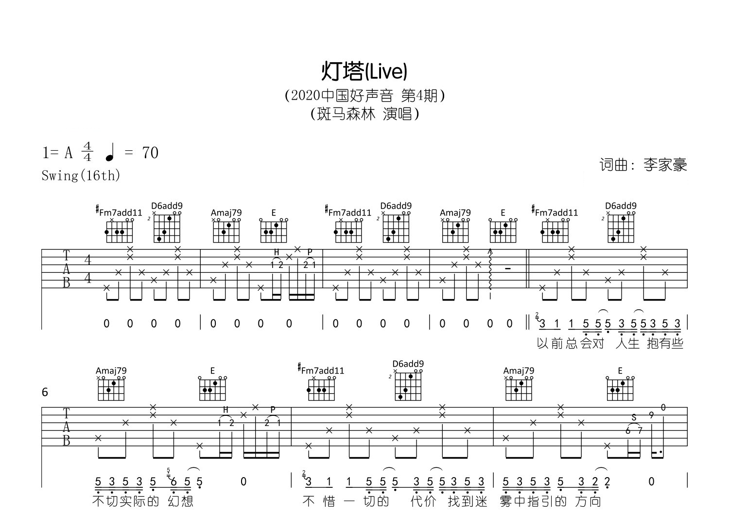 灯塔吉他谱预览图