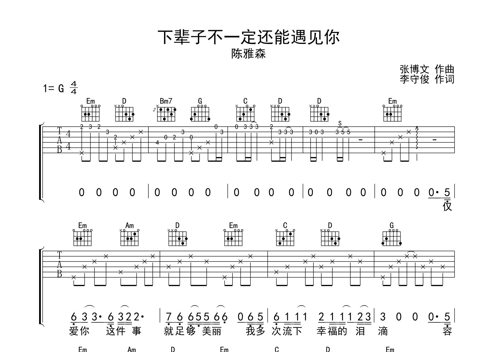 下辈子不一定还能遇见你吉他谱预览图