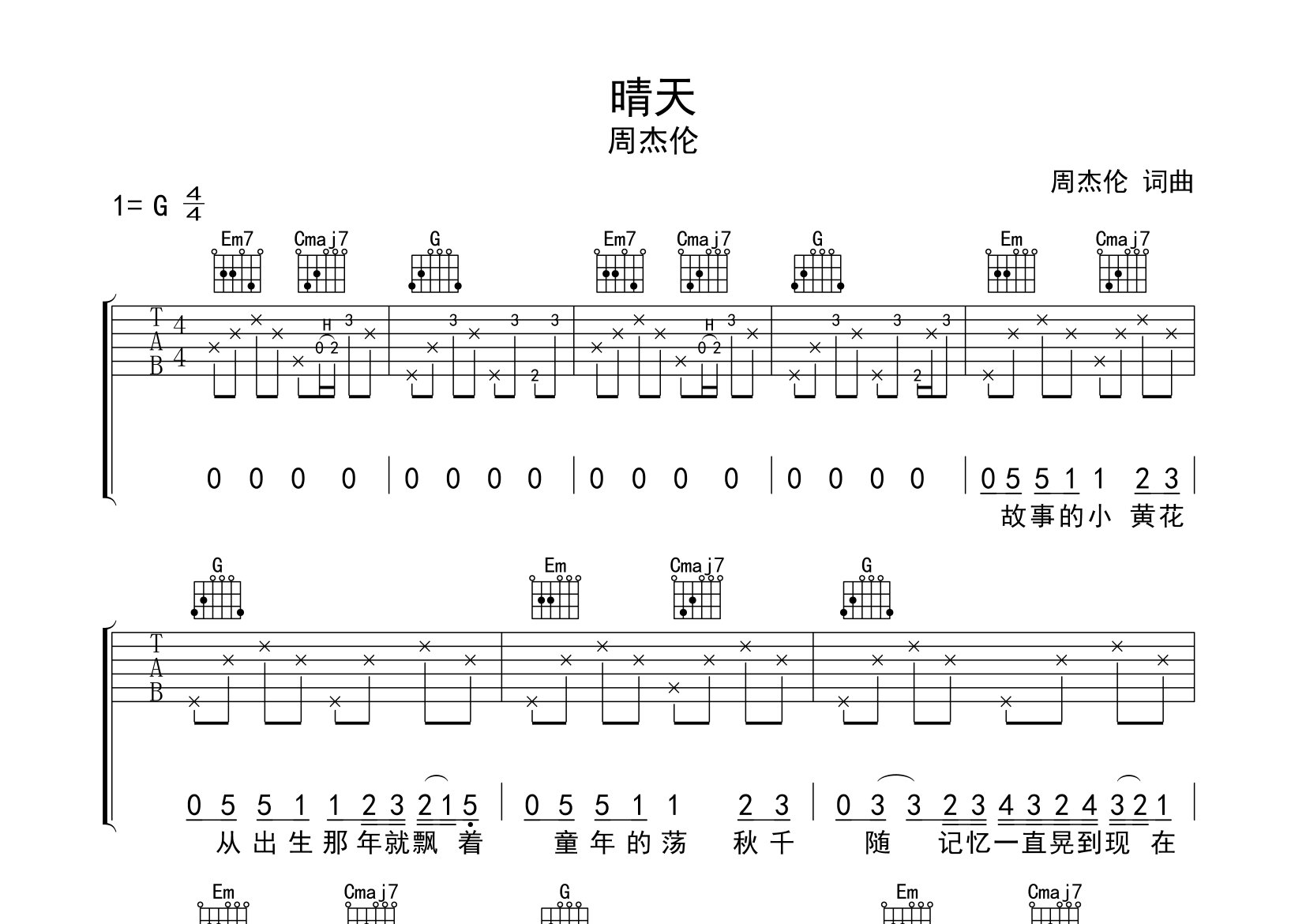 晴天吉他谱预览图