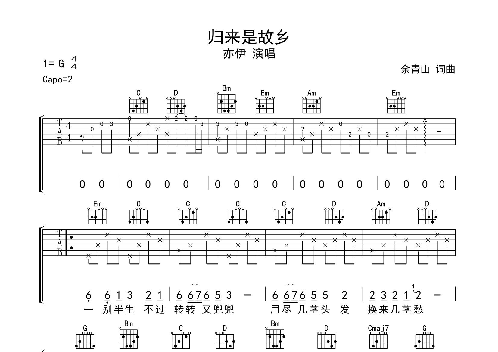 归来是故乡吉他谱预览图