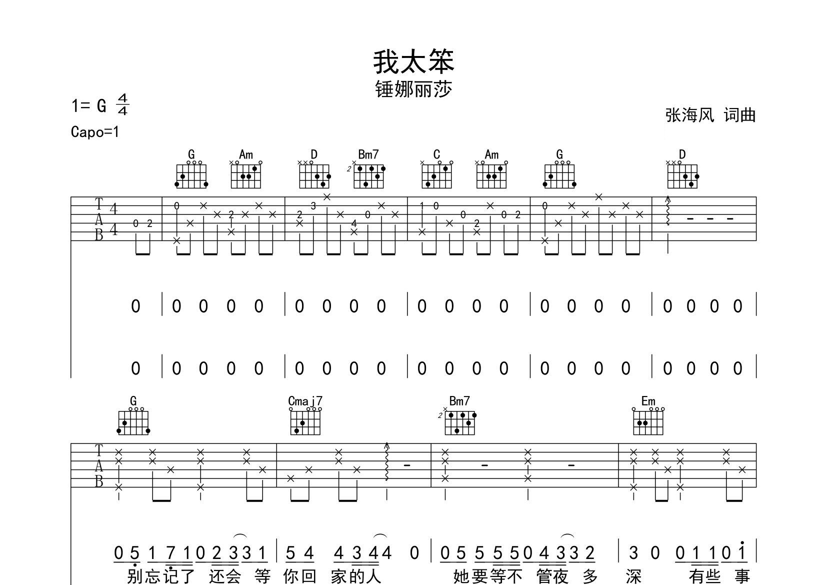 我太笨吉他谱预览图