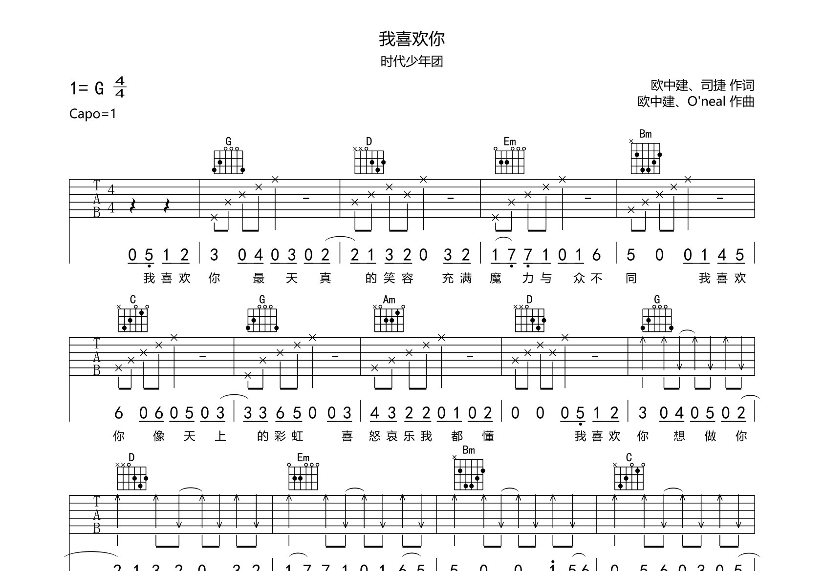 我喜欢你吉他谱预览图