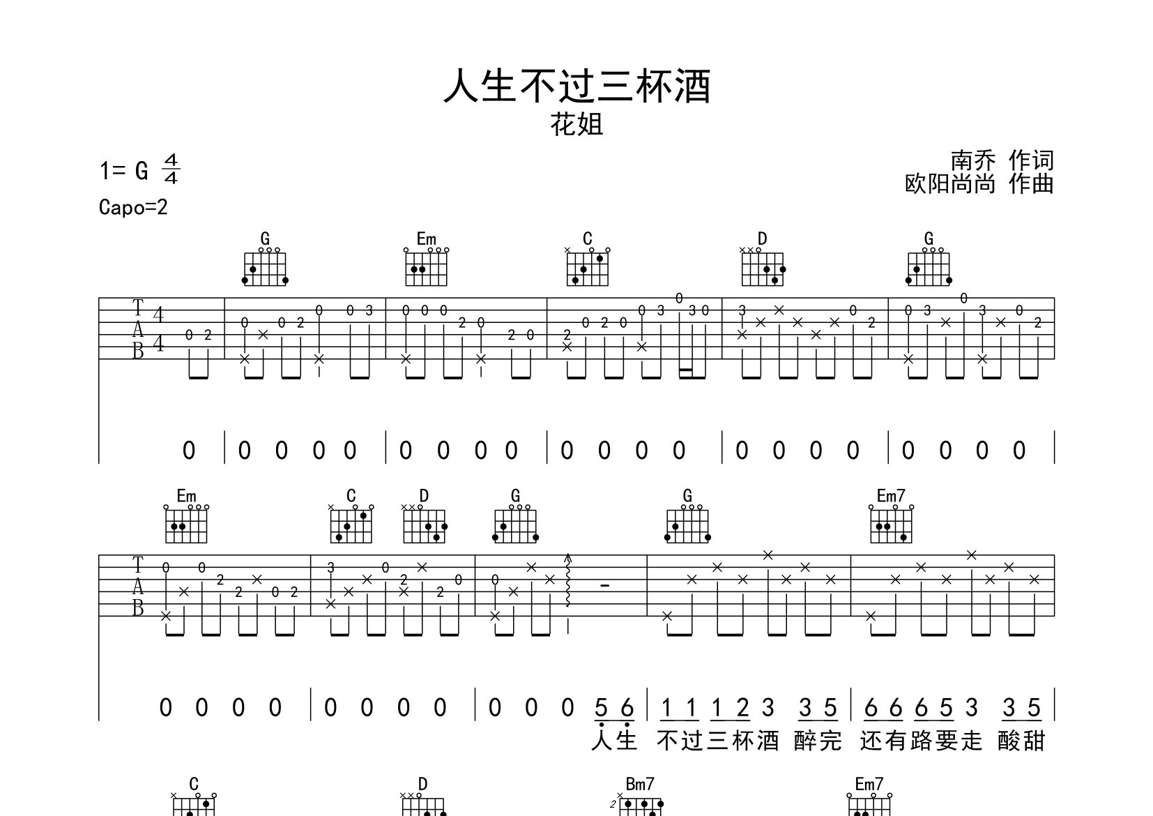 人生不过三杯酒吉他谱预览图