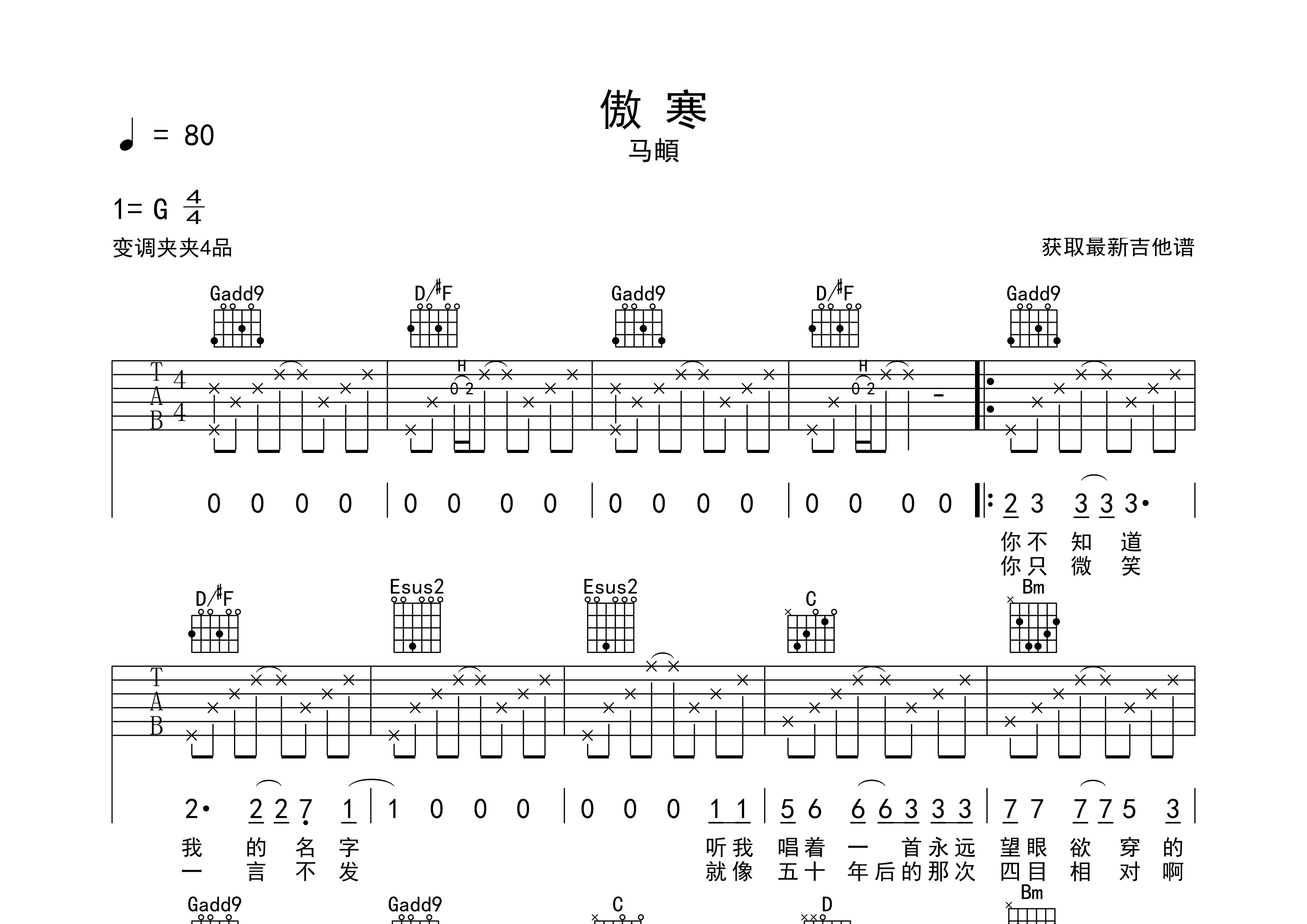 傲寒吉他谱预览图
