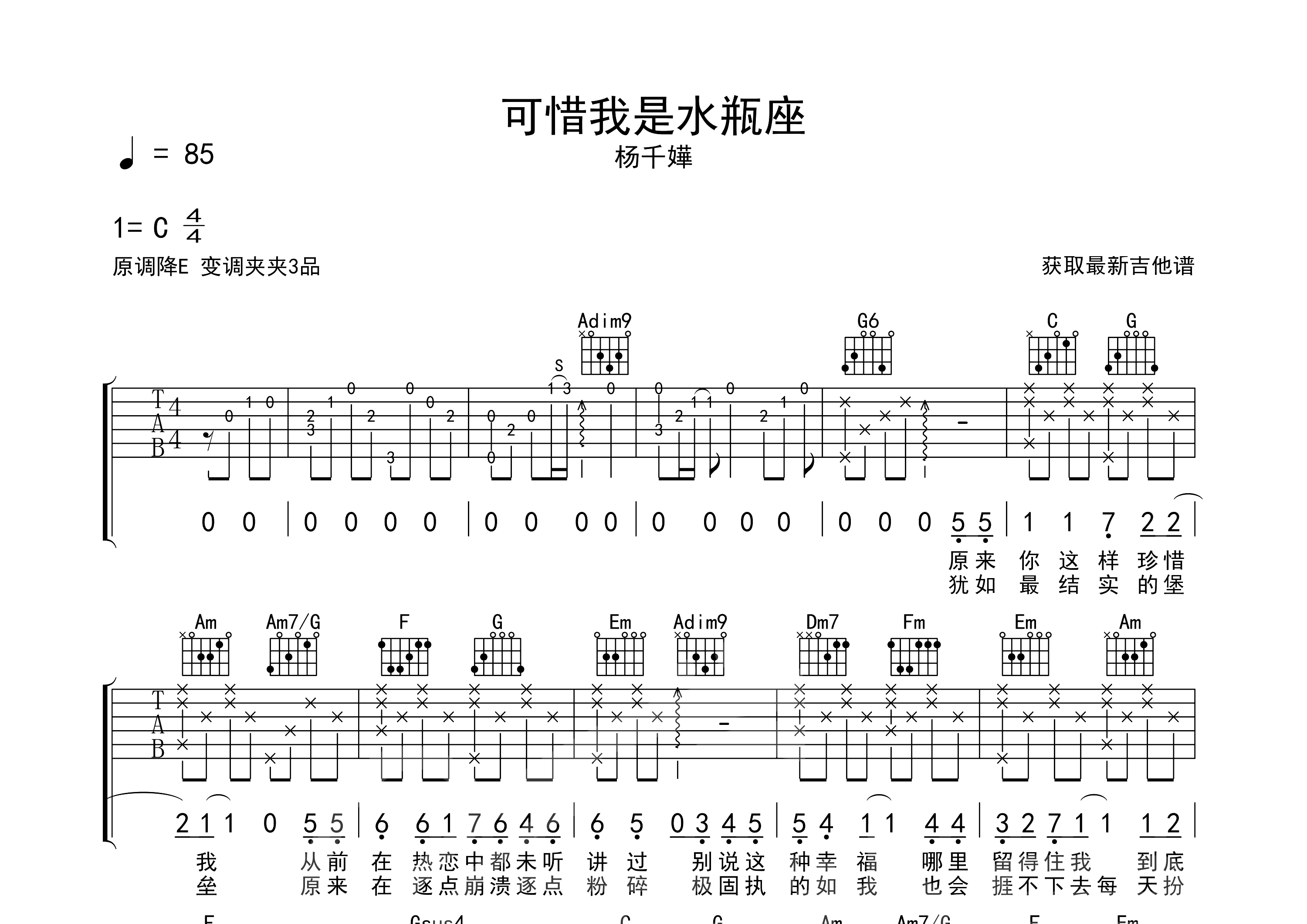 可惜我是水瓶座吉他谱预览图