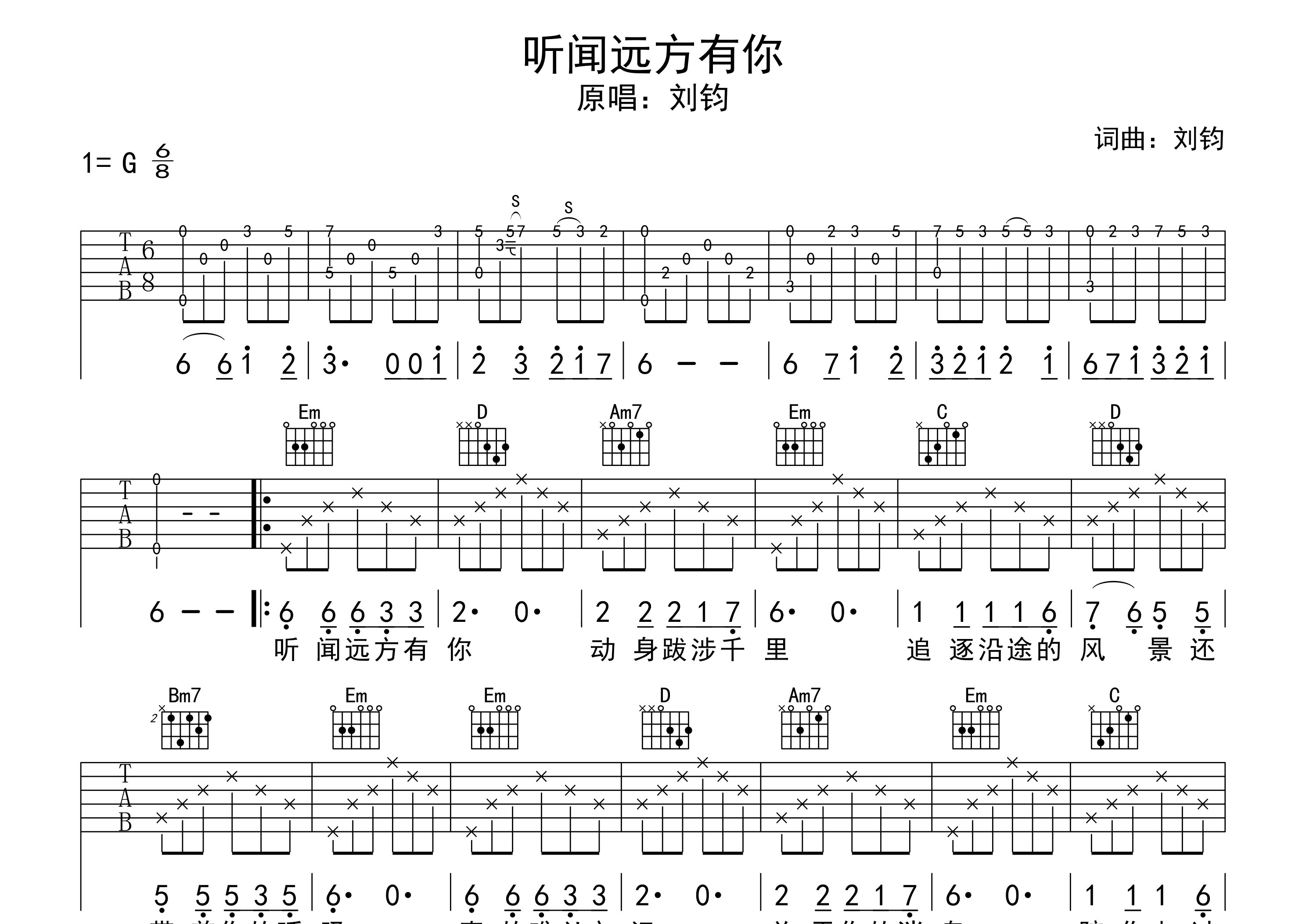 听闻远方有你吉他谱预览图