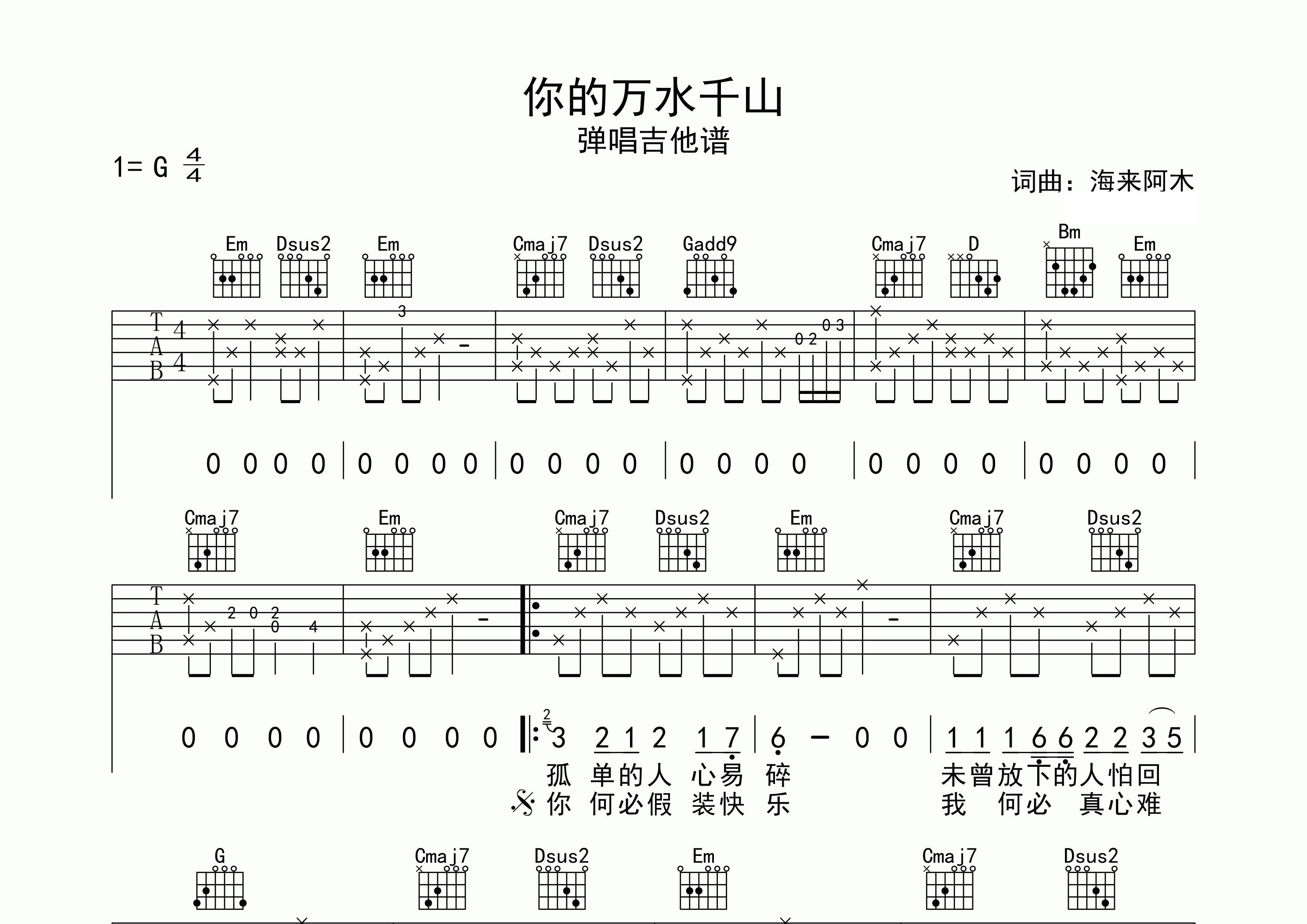 你的万水千山吉他谱预览图