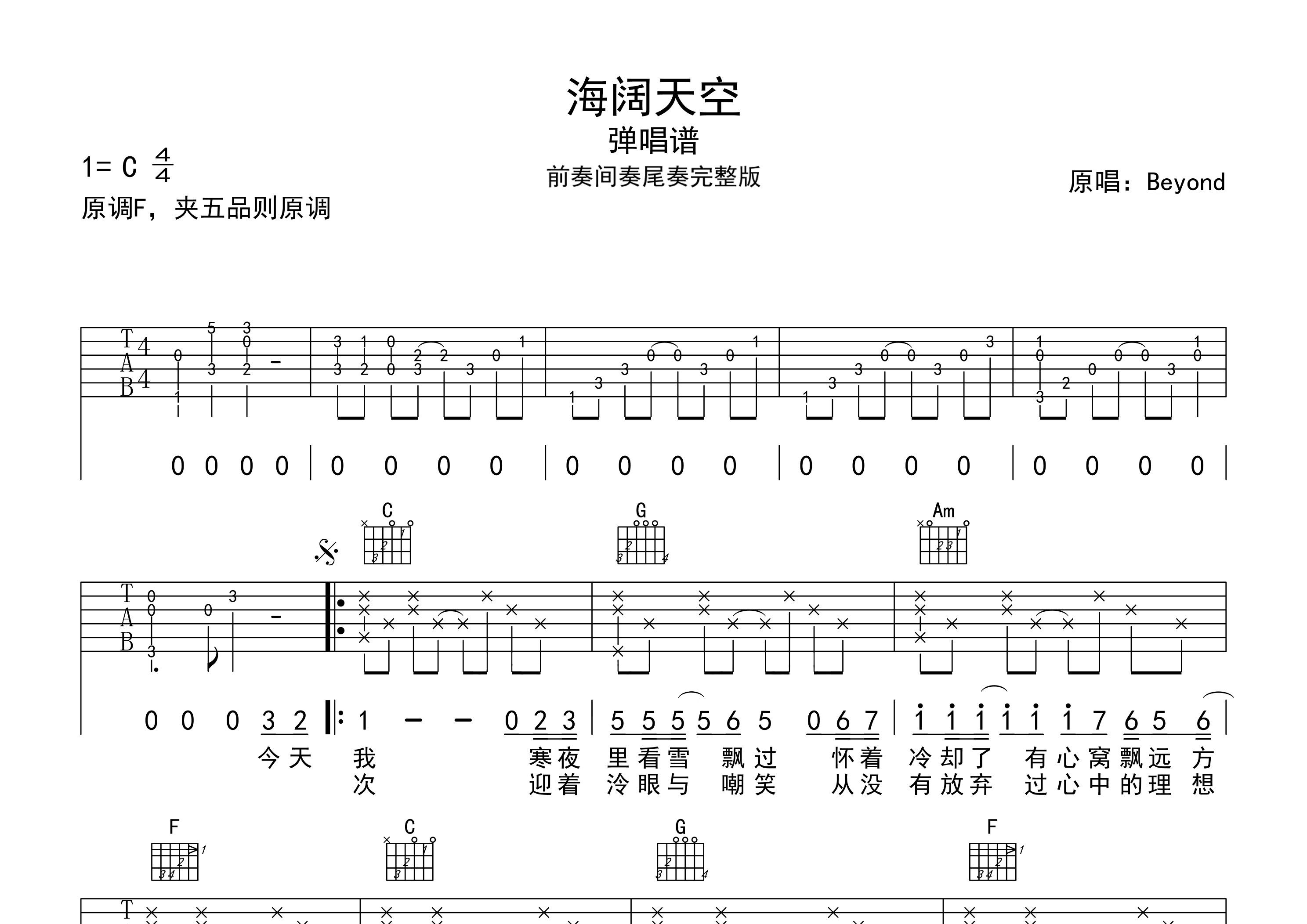 海阔天空吉他谱预览图